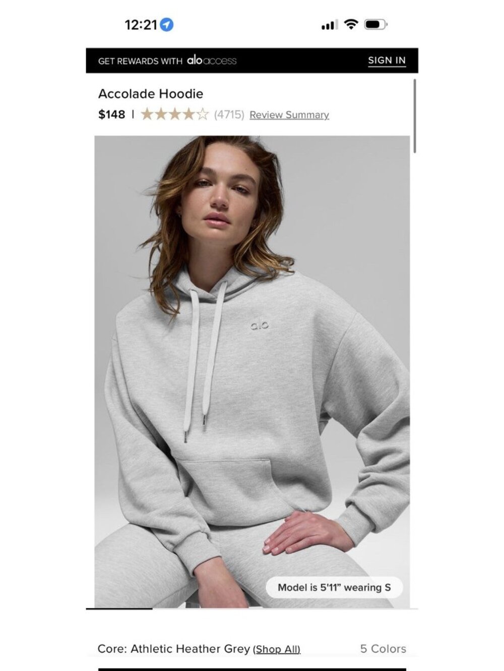 ALO Accolade Hoodie Athletic Heather Grey Unisex Size Small Pullover NEW F1
